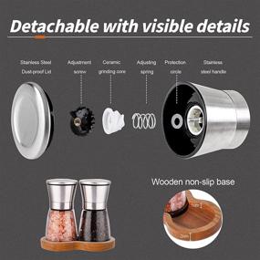 img 1 attached to LessMo Salt and Pepper Grinder Set with Wooden Tray - Stainless Steel Shakers for Adjustable Coarseness - Refillable Spice Mill for Peppercorn, Sea Salt & More