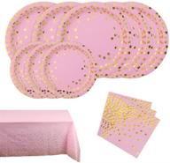 christmas party supplies: 91-piece disposable dinnerware set - plates, napkins, tablecloth (pink and gold) for christmas, birthday, wedding, graduation logo