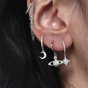 img 3 attached to 🌙 Dainty Crystal Moon Star Dangle Hoop Earrings: Sterling Silver Charms, CZ Diamond Delicate Jewelry for Women and Teen Girls - Trendy Asymmetrical Design