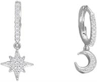 🌙 dainty crystal moon star dangle hoop earrings: sterling silver charms, cz diamond delicate jewelry for women and teen girls - trendy asymmetrical design logo