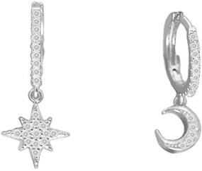 img 4 attached to 🌙 Dainty Crystal Moon Star Dangle Hoop Earrings: Sterling Silver Charms, CZ Diamond Delicate Jewelry for Women and Teen Girls - Trendy Asymmetrical Design