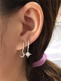 img 2 attached to 🌙 Dainty Crystal Moon Star Dangle Hoop Earrings: Sterling Silver Charms, CZ Diamond Delicate Jewelry for Women and Teen Girls - Trendy Asymmetrical Design