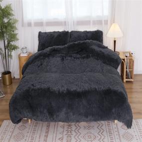 img 3 attached to 🛏️ Luxurious Dark Grey Fluffy Duvet Cover Set - Queen Size | Kivik Faux Fur Shaggy Comforter Cover | Plush Crystal Velvet Bedding Set - 3 Pieces with Zipper Closure