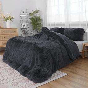 img 2 attached to 🛏️ Luxurious Dark Grey Fluffy Duvet Cover Set - Queen Size | Kivik Faux Fur Shaggy Comforter Cover | Plush Crystal Velvet Bedding Set - 3 Pieces with Zipper Closure