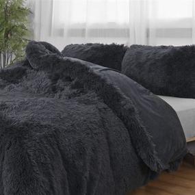 img 4 attached to 🛏️ Luxurious Dark Grey Fluffy Duvet Cover Set - Queen Size | Kivik Faux Fur Shaggy Comforter Cover | Plush Crystal Velvet Bedding Set - 3 Pieces with Zipper Closure