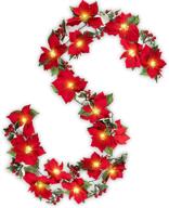 🎄 maoyue 12.5ft christmas garland with lights - battery operated prelit xmas poinsettia garland with 15 led lights and 15 red flowers: perfect artificial front door garland for holiday indoor decoration logo