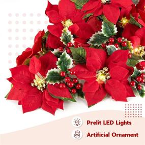 img 3 attached to 🎄 MAOYUE 12.5FT Christmas Garland with Lights - Battery Operated Prelit Xmas Poinsettia Garland with 15 LED Lights and 15 Red Flowers: Perfect Artificial Front Door Garland for Holiday Indoor Decoration