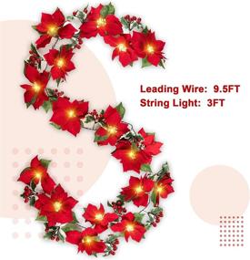 img 1 attached to 🎄 MAOYUE 12.5FT Christmas Garland with Lights - Battery Operated Prelit Xmas Poinsettia Garland with 15 LED Lights and 15 Red Flowers: Perfect Artificial Front Door Garland for Holiday Indoor Decoration