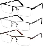 👓 jjwell 3 pack blue light blocking reading glasses for men, lightweight metal rectangle semi rimless readers, anti eyestrain/ computer glare/ uv, half frame spring hinge eyeglasses with pouches logo