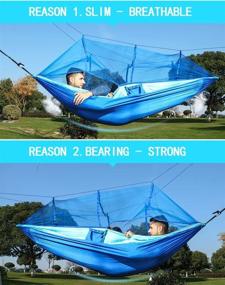 img 2 attached to 🏕️ Camping Hammock, Lightweight Parachute Fabric Double Hammock - Indoor/Outdoor Travel Bed for Camping, Hiking, Backpacking, Backyard - 110"(L) x 59"(W) - Blue/Sky Blue