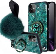 💚 metal kickstand marble case for iphone 12 pro max - aulzaju luxury bling diamond bumper cover with ring holder, soft pom pom strap lanyard for girls & women, reinforce drop protection - green logo