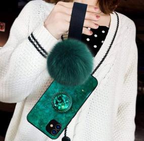 img 3 attached to 💚 Metal Kickstand Marble Case for iPhone 12 Pro Max - Aulzaju Luxury Bling Diamond Bumper Cover with Ring Holder, Soft Pom Pom Strap Lanyard for Girls & Women, Reinforce Drop Protection - Green