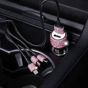 img 2 attached to 💎 5V/2.1A Pink Crystal Dual Port USB Car Charger with 3.9ft Nylon Type C/Micro USB Charging Cable - Bling Bling Fast Adapter for Android, Car Interior Accessories Designed for Women