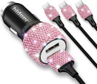 💎 5v/2.1a pink crystal dual port usb car charger with 3.9ft nylon type c/micro usb charging cable - bling bling fast adapter for android, car interior accessories designed for women logo