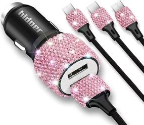 img 4 attached to 💎 5V/2.1A Pink Crystal Dual Port USB Car Charger with 3.9ft Nylon Type C/Micro USB Charging Cable - Bling Bling Fast Adapter for Android, Car Interior Accessories Designed for Women