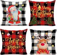 🎄 buffalo plaid christmas pillow covers set of 4, black and red christmas decorations, decorative throw pillow covers 18x18, winter holiday pillowcase with santa claus and deer логотип