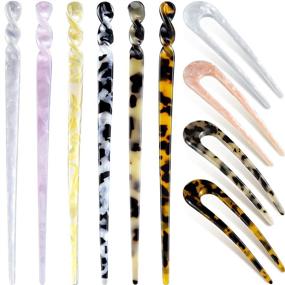 img 4 attached to 🐆 10-Piece Set: Acetate Hair Sticks - Tortoise Shell Hairpins with Leopard Print - French Style U-Shaped Hair Fork Sticks - Fashion Accessories for Women and Girls