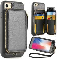 📱 zve leather wallet case for iphone 8/7/se(2020) - black: credit card holder zipper pocket handbag with wrist strap - protective cover logo