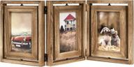 emfogo 4x6 rustic wood triple picture frame - hinged folding collage frame for home tabletop, double-sided display with rotatable high definition glass photo frame (carbonized black) логотип