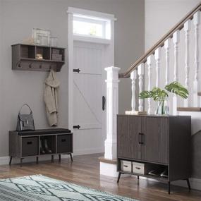 img 3 attached to RiverRidge Dark Weathered Woodgrain Storage Bench 🌲 with Stylish Black Bins – Organize in Style!