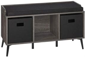 img 4 attached to RiverRidge Dark Weathered Woodgrain Storage Bench 🌲 with Stylish Black Bins – Organize in Style!