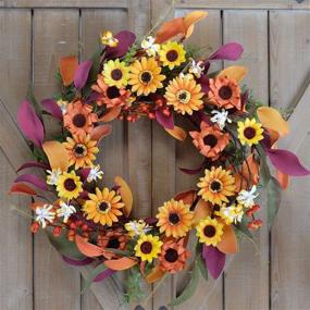 img 1 attached to Artificial Silk Sunflower Paper Flower Fall Wreath with Green and Colorful Leaves - Ideal for Front Door, Spring & Autumn Wreaths, Farmhouse Home Office, Wedding & Party Wall Decor (14-inch)