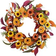 artificial silk sunflower paper flower fall wreath with green and colorful leaves - ideal for front door, spring & autumn wreaths, farmhouse home office, wedding & party wall decor (14-inch) логотип