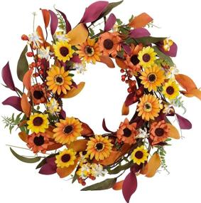 img 4 attached to Artificial Silk Sunflower Paper Flower Fall Wreath with Green and Colorful Leaves - Ideal for Front Door, Spring & Autumn Wreaths, Farmhouse Home Office, Wedding & Party Wall Decor (14-inch)