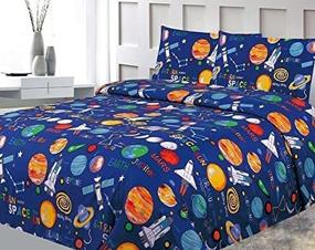 img 1 attached to 🚀 Space Planets Rockets Theme Print Twin Size Kids Sheet Set | LinenTopia 3 Piece Set with Fitted, Flat Sheet, and 1 Pillow Case | Blue Multicolor Boys Kids Bedding (Twin, 3pc)