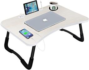 img 4 attached to Ноутбучный столик для кровати - портативный складной стол для ноутбука с портом для зарядки USB, держателем для чашки и выдвижным ящиком для хранения - идеально подходит для работы и чтения в кровати, на диване или на кресле.