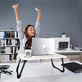 img 1 attached to Ноутбучный столик для кровати - портативный складной стол для ноутбука с портом для зарядки USB, держателем для чашки и выдвижным ящиком для хранения - идеально подходит для работы и чтения в кровати, на диване или на кресле.