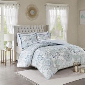 img 4 attached to 🛏️ Madison Park Isla Cotton Duvet Set - Casual Medallion Floral to Damask Print, All Season Comforter Cover Bedding with Matching Shams - King/California King Size, Blue 3 Piece Set