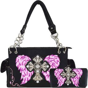 img 4 attached to 👜 Concealed Carry Handbags Women's Western-Style Cross Laser Cut Wings Purse: Country Shoulder Bag and Wallet Set