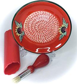 img 3 attached to BonCera Premium Ceramic Garlic Grater Set - Red Sunflower Design - Handmade - Includes Garlic Peeler, Gathering Brush, Display Stand - Also Grates Turmeric, Ginger, and More - 4pcs All-in-One Kit