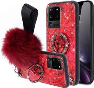 📱 aulzaju luxury sparkle glitter marble design bling diamond bumper phone case with ring kickstand for samsung s21 - cute galaxy s21 case for women girls (red) with pom pom fluffy ball strap lanyard logo