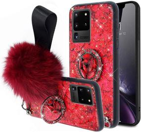 img 4 attached to 📱 Aulzaju Luxury Sparkle Glitter Marble Design Bling Diamond Bumper Phone Case with Ring Kickstand for Samsung S21 - Cute Galaxy S21 Case for Women Girls (Red) with Pom Pom Fluffy Ball Strap Lanyard