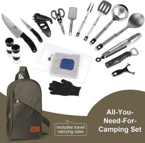 img 3 attached to 🏕️ KissAir Portable Camping Kitchen Utensil Organizer Set - BBQ Cookware Travel Kit with Flatware, Water-Resistant Case, Cutting Board, Rice Paddle, Tongs, Scissors (Upgrade Version, Army Green)