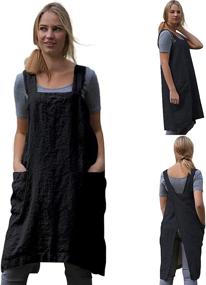 img 4 attached to Cotton Linen Cross Back Apron with Big Pockets: Ideal for Women in Baking, Cooking, BBQ & Grill!
