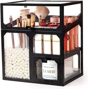 img 1 attached to 💄 MOOCHI Black Vintage Glass Cosmetic Organizer: Elegant Makeup Storage with Pearls for Dustproof Display of Brushes and Lipsticks