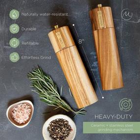 img 3 attached to 🌿 Sustainable Acacia Wood Salt and Pepper Grinder Set, 8-inch - Elegant Sea Salt Grinder and Black Pepper Mill Set for Seasoning, Cooking, Dining - Refillable Salt and Pepper Grinders