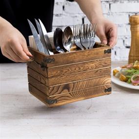 img 2 attached to 🪑 Rustic Burnt Dark Brown Wood Dining Utensils Flatware Serving Caddy with Napkin Slot, Antique Metal Wraps and Handles by MyGift