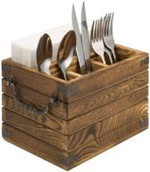 🪑 rustic burnt dark brown wood dining utensils flatware serving caddy with napkin slot, antique metal wraps and handles by mygift логотип