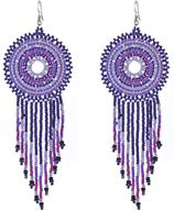 🌸 handmade bohemian dream catcher beaded earrings: statement long beaded hoops with tassel dangle, big boho indian seed bead hoop fringe chandelier drop earrings for women and girls jewelry logo