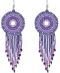 img 2 attached to 🌸 Handmade Bohemian Dream Catcher Beaded Earrings: Statement Long Beaded Hoops with Tassel Dangle, Big Boho Indian Seed Bead Hoop Fringe Chandelier Drop Earrings for Women and Girls Jewelry