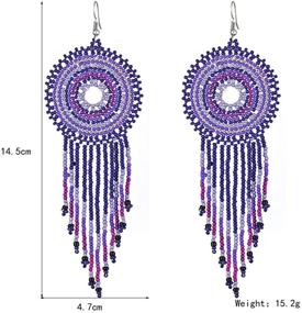 img 1 attached to 🌸 Handmade Bohemian Dream Catcher Beaded Earrings: Statement Long Beaded Hoops with Tassel Dangle, Big Boho Indian Seed Bead Hoop Fringe Chandelier Drop Earrings for Women and Girls Jewelry