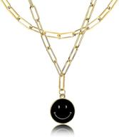 😊 chic smiley face necklaces: 14k gold plated layered paperclip chain necklace with cute round smile pendant - luxurious jewelry for women and girls logo