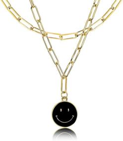 img 4 attached to 😊 Chic Smiley Face Necklaces: 14K Gold Plated Layered Paperclip Chain Necklace with Cute Round Smile Pendant - Luxurious Jewelry for Women and Girls