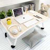 🛏️ portable laptop bed desk - foldable notebook stand with cup holder for bed, couch, sofa - ideal for working, reading - home strangers (white) logo