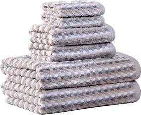 img 4 attached to Premium Lou Harbor Stripe Cotton Towel Set - Textured Bath Towels, Highly Absorbent, Quick-Dry, Decorative 🛀 Jacquard Woven Pattern - Includes 2 Bath Towels, 2 Hand Towels, 2 Washcloths (6 Piece Set in Taupe/Grey)