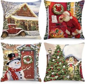 img 4 attached to 🎄 CDWERD Christmas Pillow Covers Set of 4 - Vintage Red Farmhouse Holiday Decorative Throw Pillowcases 18x18 - Festive Christmas Scene Cushion Cases for Home Decor